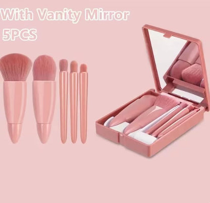 5 In 1 Makeup Brush Set with Mirror Blush Powder Brush Travel Kit Portable Mini Beauty Make Up Tool 5-Piece Portable Makeup